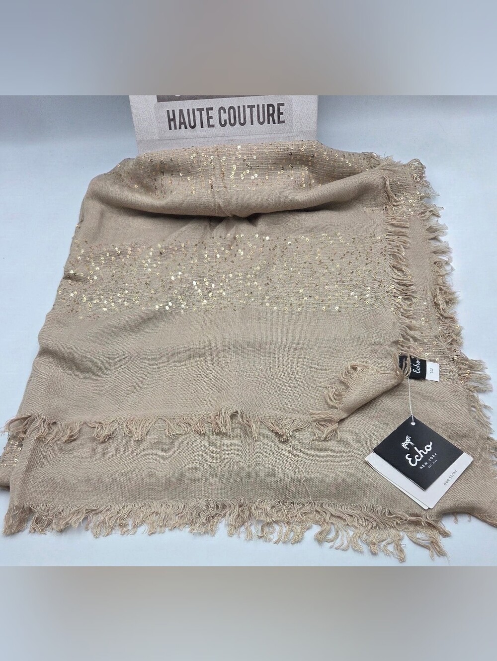 Echo Beige Scarf with Gold Sequin Accents